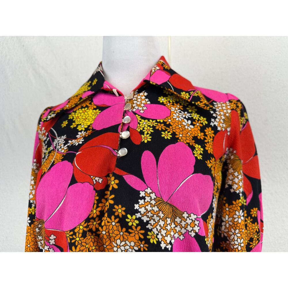 Vintage 60's 70's Mod Floral Shirt Dress Rock Bold Pointed Collar SZ L Retro - Picture 6 of 12